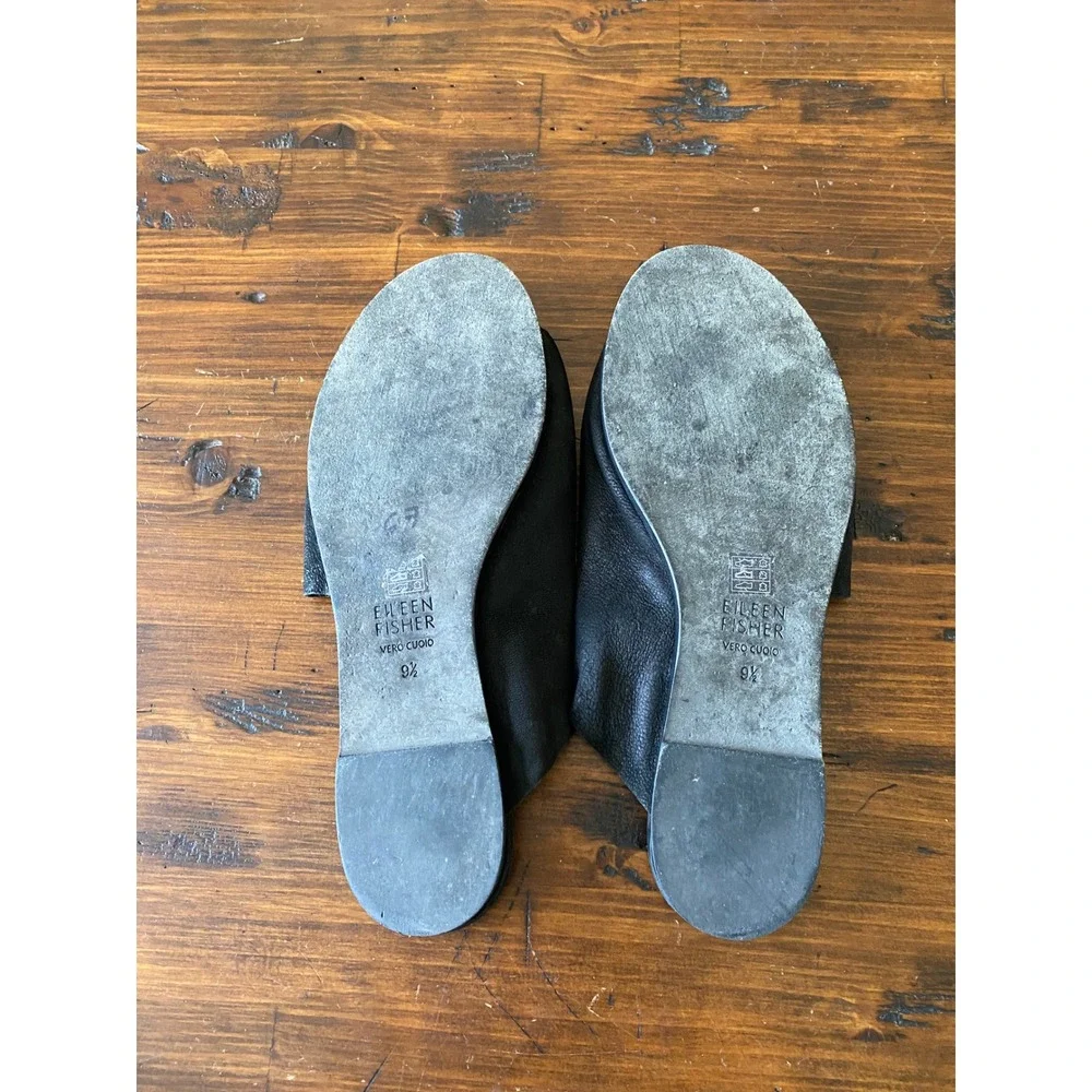 Eileen Fisher Black Leather Asymmetrical Slide Sandals Open Toe Flat 9.5 Italy